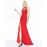 Halter Low Back Side Slit Red Jersey Beaded Evening Prom Dress With Belt