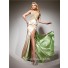 Halter V Neck Long Champagne Silk Beading Prom Dress With Open Back Slit