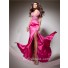Halter V Neck Long Fuchsia Silk Beading Prom Dress With Open Back Slit