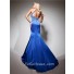 Halter V Neck Long Royal Blue Silk Beading Prom Dress With Open Back Slit