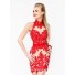 High Neck Keyhole Open Back Short Mini Red Lace Cocktail Prom Dress Removable Skirt