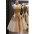 High Neck See Through Short Gold Lace Tulle Prom Dress With Bow Sash