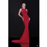 High Neck Sheer Back Red Jersey Lace Formal Occasion Evening Prom Dress