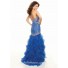 High low sweetheart organza royal blue prom dress with ruffles and beaded