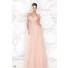 Illusion Neckline Empire Waist Long Blush Pink Tulle Lace Prom Dress With Bow