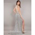 Illusion Tulle Back High Slit Silver Sequin Beaded Prom Dress With Straps