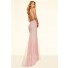 Luxury Mermaid Backless Long Blush Pink Tulle Beaded Pearl Evening Prom Dress