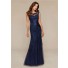 Mermaid Boat Neck Navy Blue Tulle Lace Beaded Special Occasion Evening Dress