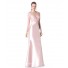Mermaid Deep V Neck Pearl Pink Taffeta Lace Long Sleeve Evening Dress