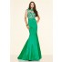 Mermaid High Neck Backless Green Taffeta Lace Prom Dress With Collar