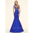 Mermaid High Neck Backless Royal Blue Taffeta Lace Prom Dress With Collar