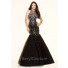 Mermaid High Neck Black Tulle Beaded Prom Dress With Buttons
