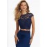 Mermaid High Neck Cap Sleeve Two Piece Navy Satin Embroidery Prom Dress Lace Up Back
