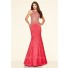 Mermaid High Neck Hot Pink Taffeta Gold Lace Applique Prom Dress