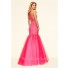 Mermaid High Neck Hot Pink Tulle Beaded Prom Dress With Buttons