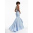Mermaid High Neck Light Blue Satin Tulle Beaded Prom Dress With Ruffles