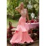 Mermaid High Neck Light Coral Satin Tulle Beaded Prom Dress With Ruffles