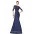 Mermaid High Neck Navy Blue Tulle Lace Long Formal Occasion Evening Dress With Sleeves