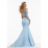 Mermaid High Neck Open Back Long Sleeve Light Sky Blue Satin Lace Prom Dress