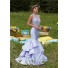 Mermaid High Neck Two Piece Lilac Satin Ruffle Beaded Prom Dress