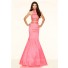 Mermaid High Neck Two Piece Long Neon Pink Taffeta Beaded Prom Dress