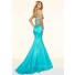 Mermaid High Neck Two Piece Long Turquoise Taffeta Beaded Prom Dress