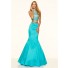 Mermaid High Neck Two Piece Long Turquoise Taffeta Beaded Prom Dress