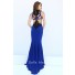 Mermaid Hight Neck Sheer Back Royal Blue Jersey Black Lace Evening Prom Dress