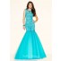 Mermaid Illusion Neckline Backless Turquoise Tulle Beaded Prom Dress