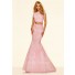 Mermaid Illusion Neckline Cap Sleeve Two Piece Light Pink Tulle Lace Prom Dress