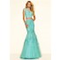 Mermaid Illusion Neckline Cap Sleeve Two Piece Mint Green Tulle Lace Prom Dress