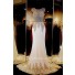 Mermaid Illusion Scoop Neck White Chiffon Gold Lace Applique Prom Dress