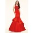 Mermaid One Shoulder Red Lace Taffeta Ruffle Evening Prom Dress