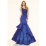 Mermaid One Shoulder Royal Blue Lace Taffeta Ruffle Evening Prom Dress