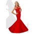 Mermaid Round Neck Open Back Red Taffeta Lace Beaded Teen Prom Dress