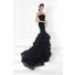 Mermaid Strapless Black Satin Lace Ruffle Tiered Prom Dress