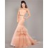 Mermaid Strapless Peach Tulle Ruched Prom Dress With Rhinestones