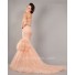 Mermaid Strapless Peach Tulle Ruched Prom Dress With Rhinestones
