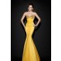 Mermaid Sweetheart Spaghetti Strap Open Back Yellow Satin Evening Prom Dress With Bow