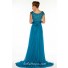 Modest A Line Cap Sleeve Long Turquoise Blue Chiffon Beaded Formal Occasion Evening Dress