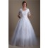 Modest A Line High Back Short Sleeve Lace Beaded Wedding Dress With Buttons
