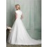 Modest A Line Scalloped Neck Cap Sleeve Lace Organza Wedding Dress With Sash Buttons