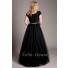 Modest A Line Short Sleeve Black Tulle Beaded Prom Dress