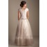 Modest A Line Sleeve Champagne Nude Tulle Rhinestone Prom Dress Corset Back