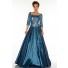 Modest A Line Square Neck Long Teal Blue Taffeta Beaded Evening Prom Dress With Sleeves