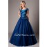 Modest Ball Gown Cap Sleeve Navy Blue Tulle Beaded Corset Evening Prom Dress
