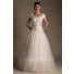 Modest Ball Gown Champagne Colored Tulle Satin Beaded Wedding Dress With Sleeves