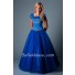 Modest Ball Gown Square Neck Cap Sleeve Royal Blue Satin Tulle Beaded Corset Prom Dress