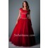 Modest Ball Gown Square Neck Cap Sleeve Red Satin Tulle Beaded Corset Prom Dress