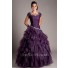 Modest Ball Gown Square Neck Dark Purple Organza Ruffle Prom Dress With Sleeves